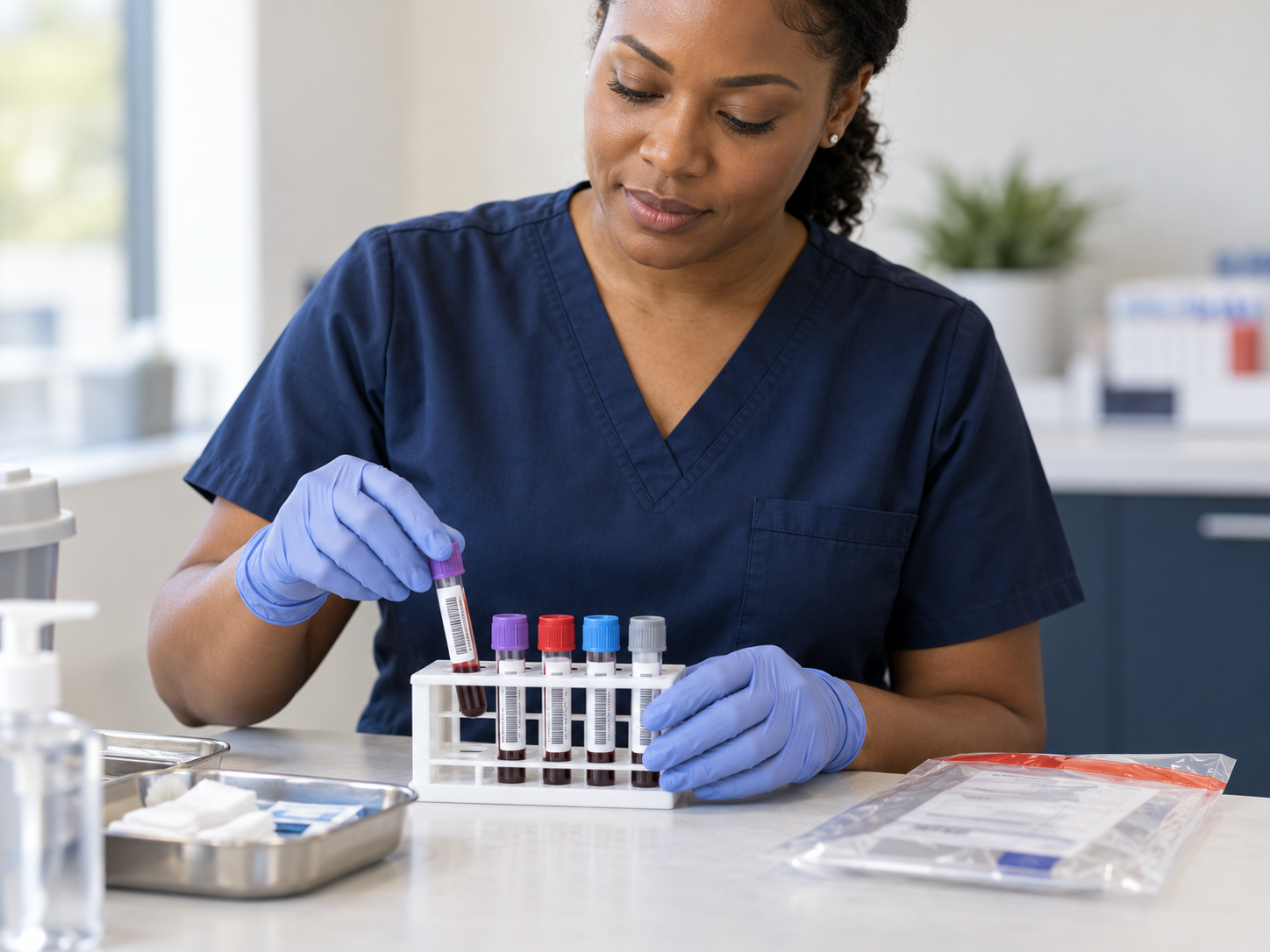 Lab technician carefully handling labeled blood specimen tubes